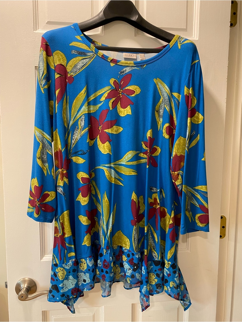 LOGO by Lori Goldstein Blue Floral Tunic with Red & Yellow Accents